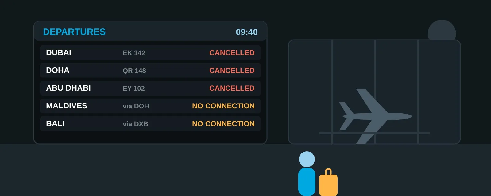 Airport departures board showing cancelled flights to Dubai, Doha and Abu Dhabi, with a traveller waiting