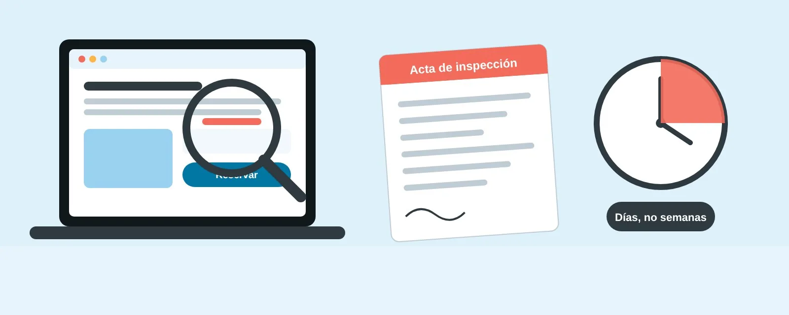 Notificación oficial de Consumo con un reloj de plazo, una lupa sobre la web de una agencia de viajes y un sello de expediente