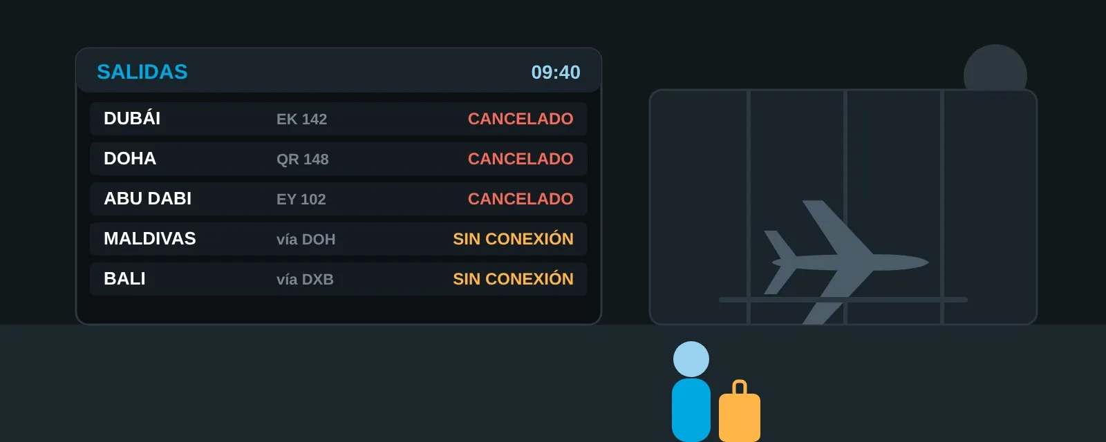 Panel de salidas de un aeropuerto con vuelos a Dubái, Doha y Abu Dabi cancelados y un viajero esperando